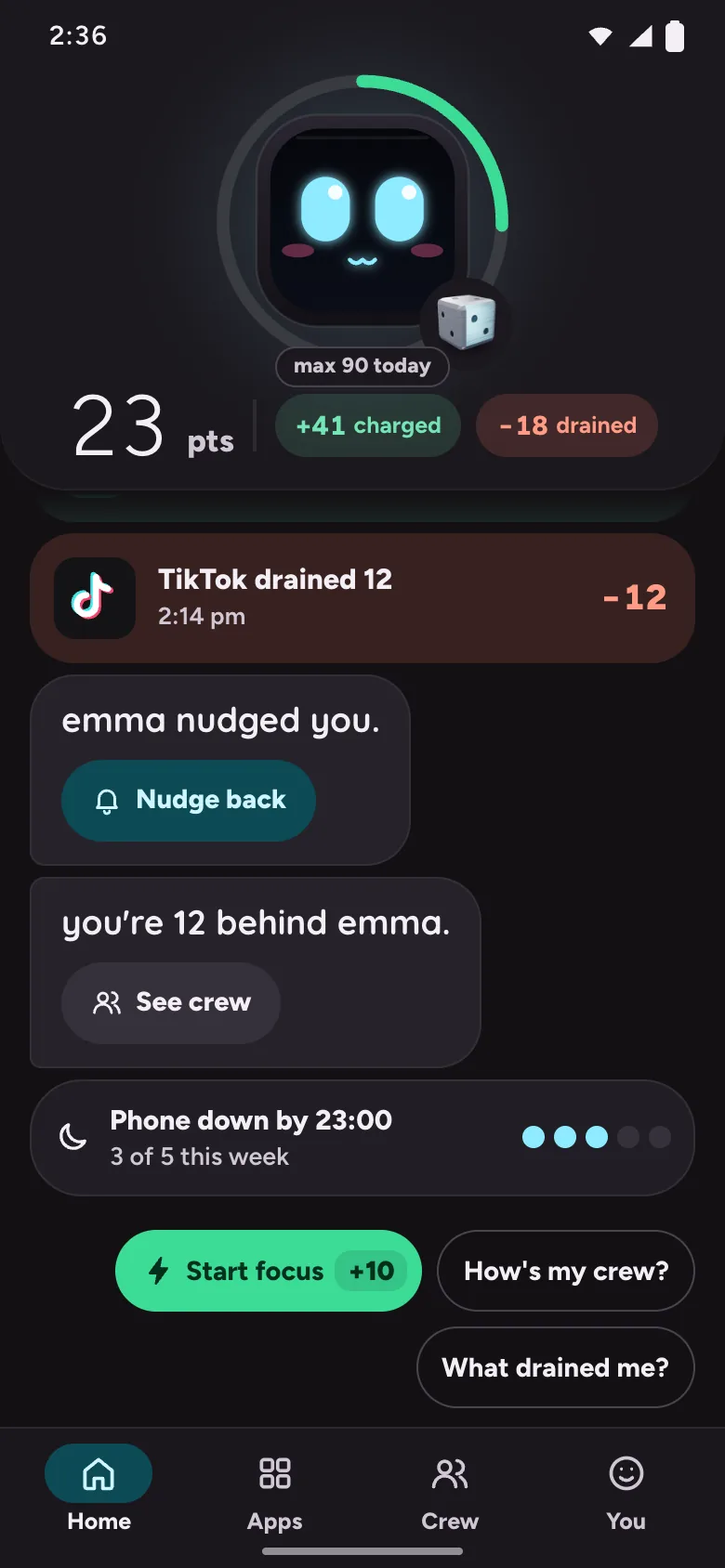 Warden OS Home: 23 pts left, +41 charged, −18 drained